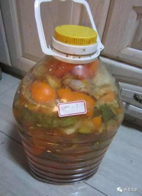 2、加水到蓋住水果皮即可，然后擰上蓋子，放到太陽(yáng)底下暴曬。
